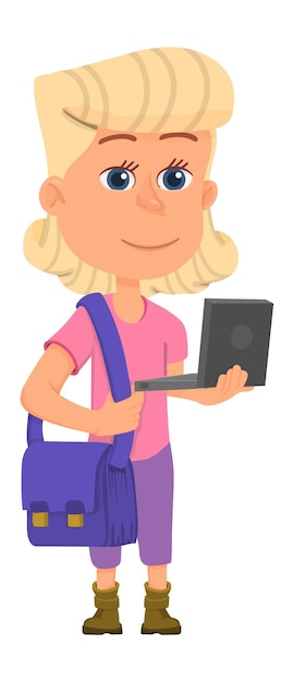 Cute blonde girl with laptop and school bag. Cartoon student character