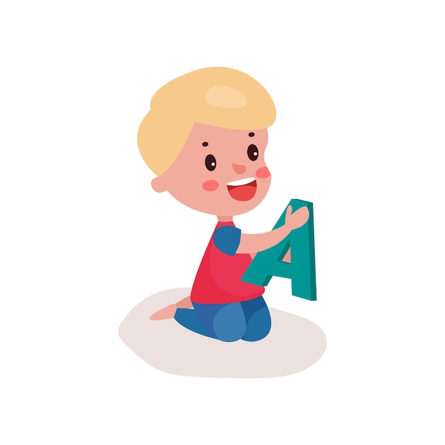 Cute blonde little boy sitting on the floor playing with letter A, kid learning through fun and play colorful cartoon vector Illustration on a white background