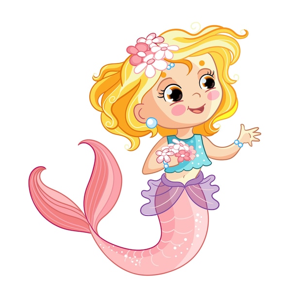 Cute blonde mermaid and flowers vector cartoon illustration