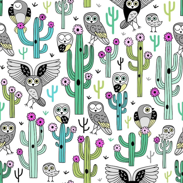 Cute blooming cactuses and desert owls hand drawn seamless pattern,