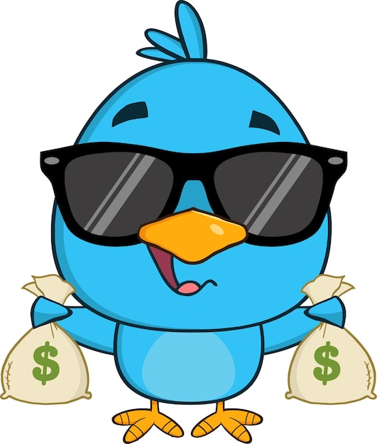 Cute Blue Bird With Sunglasses Cartoon Character Holding A Bags Of Money. Vector Illustration