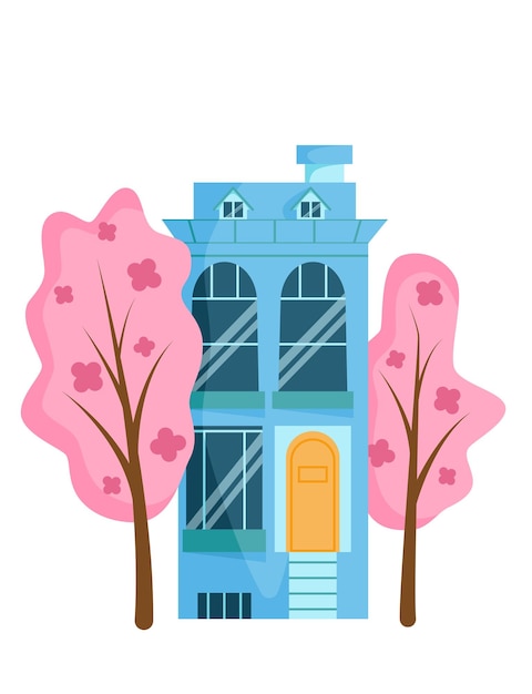 Cute blue cartoon house and pink trees with flowers. Spring building on the street. Flat vector illustration.