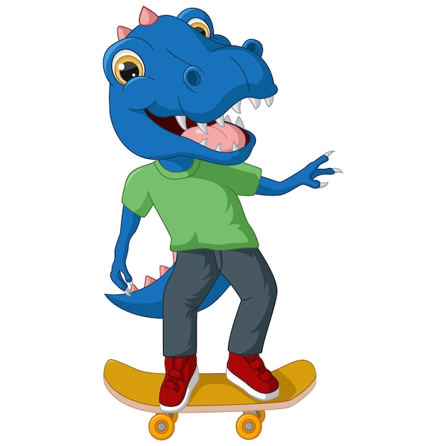 Cute blue dinosaur cartoon playing skateboard