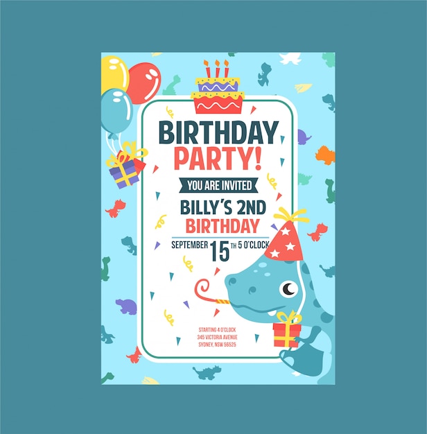 cute blue dinosaur invitation card birthday party