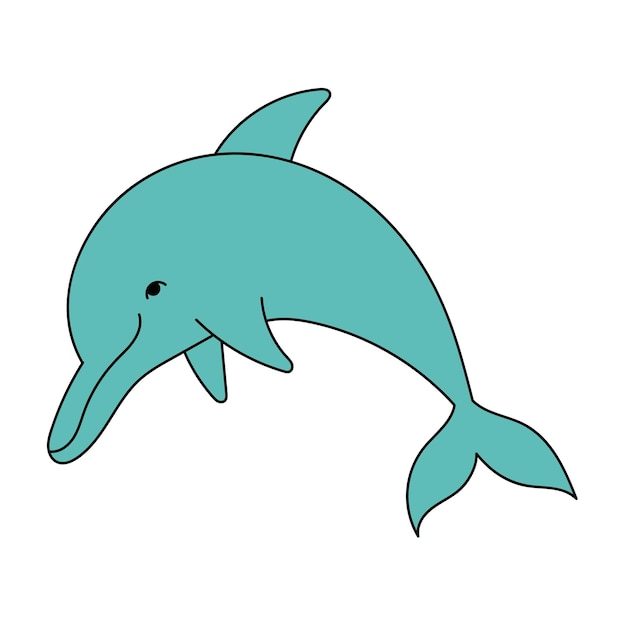 Cute blue dolphin in doodle style Marine animal Simple illustration isolated on white background