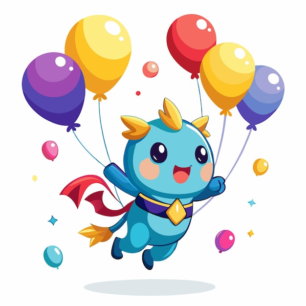 Cute blue monster character flying on colorful balloons