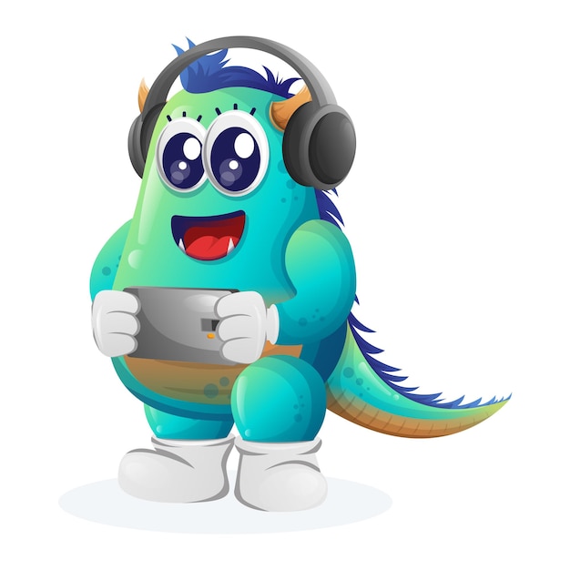 Cute blue monster playing game mobile wearing headphones