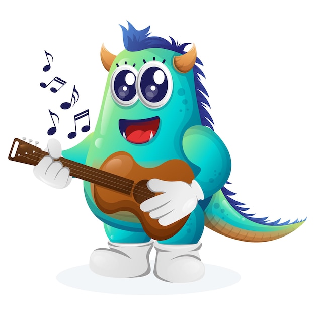 Cute blue monster playing guitar