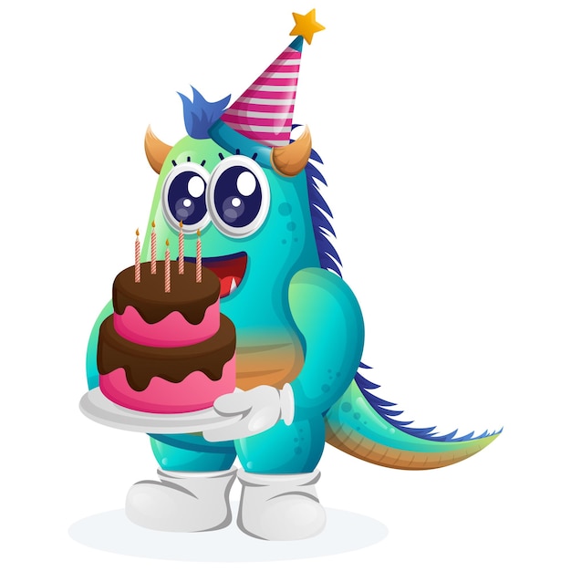 Cute blue monster wearing a birthday hat holding birthday cake