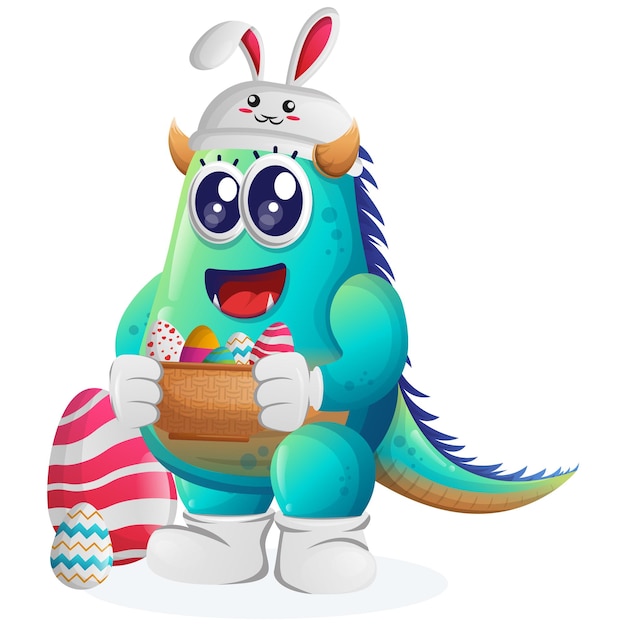 Cute blue monster wearing the bunny cap with holding easter egg in basket