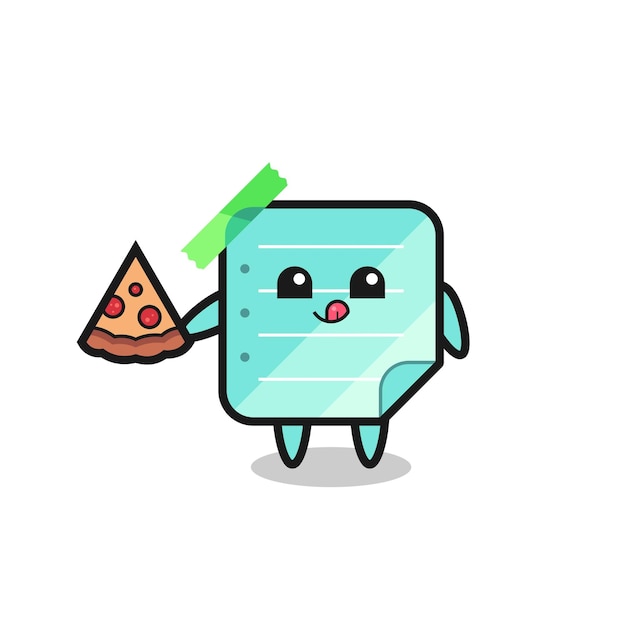 Cute blue sticky notes cartoon eating pizza