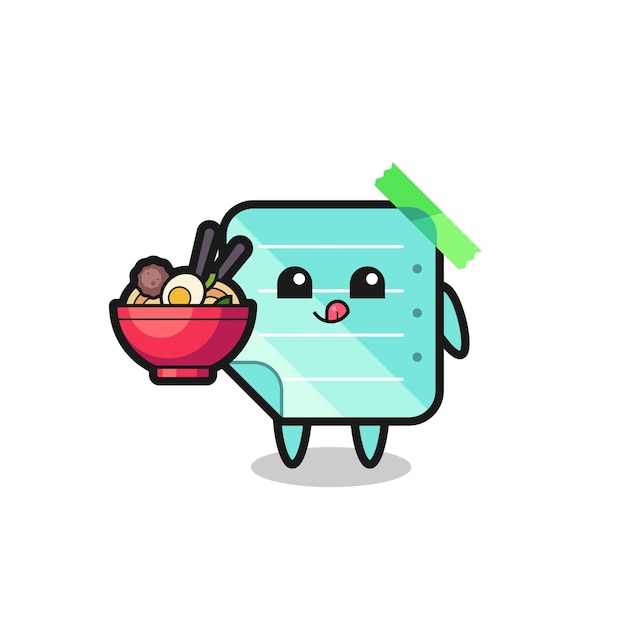 Cute blue sticky notes character eating noodles