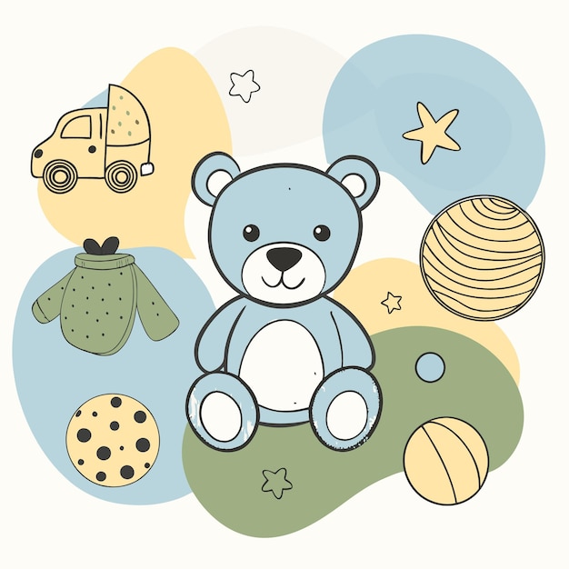 Cute blue teddy bear surrounded by abstract shapes and various toys in a cartoon style