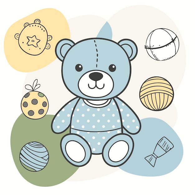 Vector cute blue teddy bear with polka dot shirt and toy balls on abstract background