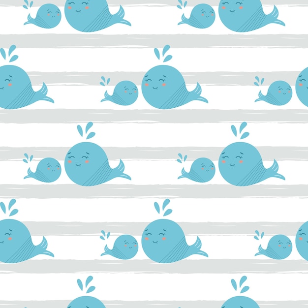 Cute blue whale seamless pattern on striped background Sea seamless background Baby fabric cloth design