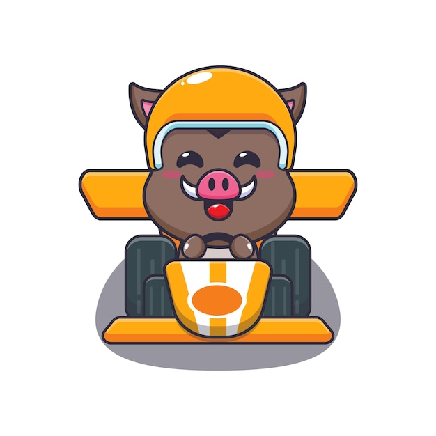 Vector cute boar mascot cartoon character riding race car