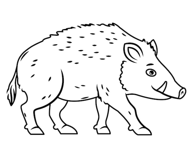 Cute boar stands on a white background Vector outline illustration with cute forest animals