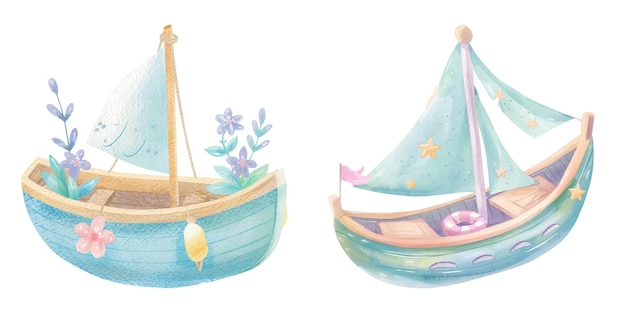 cute boat watercolour vector illustration 4