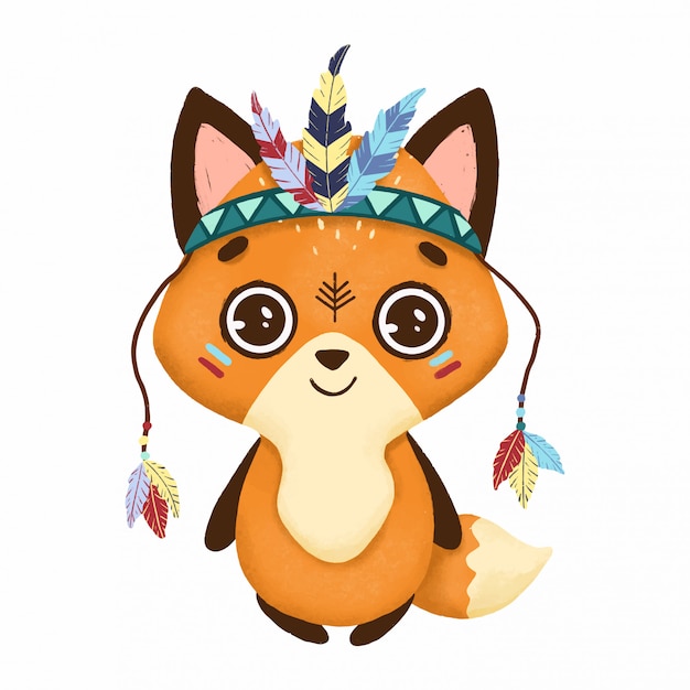 Cute boho little fox with feathers on a white background