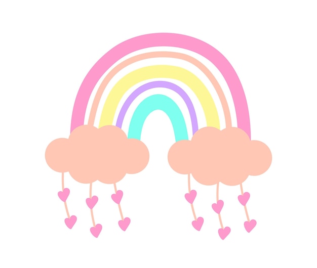 Cute boho rainbow vector illustration with hearts and clouds. Flat scandi kids style rainbow