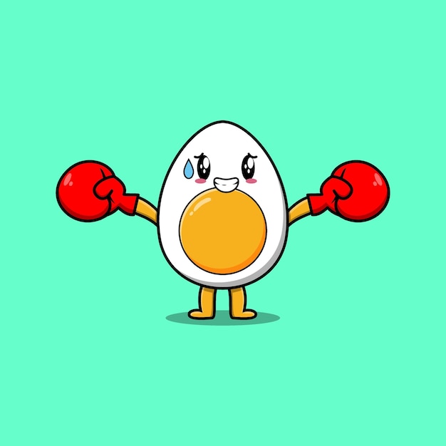 Cute Boiled egg mascot cartoon playing sport with boxing gloves and cute stylish design