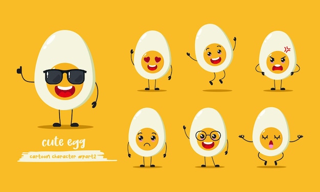 Vector cute boiled egg wear sunglasses character funny half egg emoticon in flat style different face exp