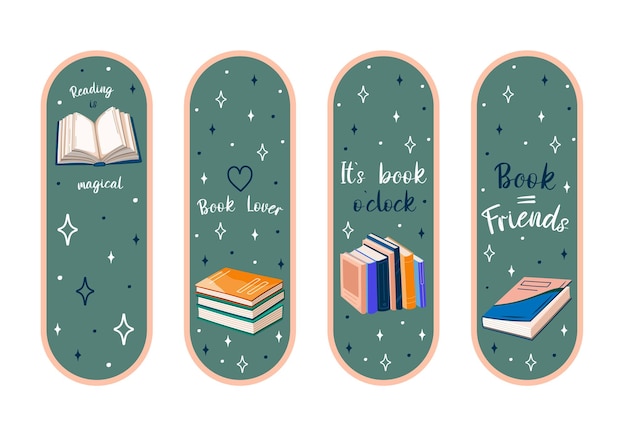 Cute Bookmarks Set of paper bookmark templates for book lovers Vertical postcards Vector