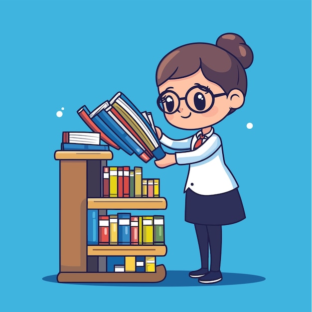 Vector cute bookstore clerk arranging novels vector