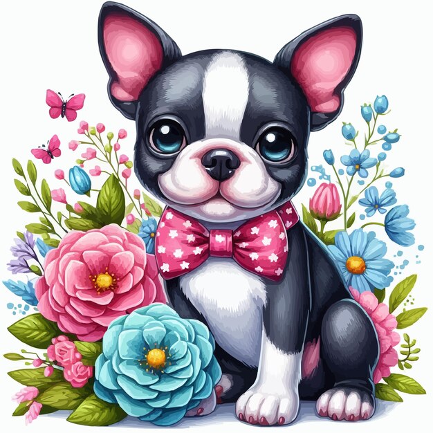 Vector cute boston terrier dog flowers on the side colorful vector illustration