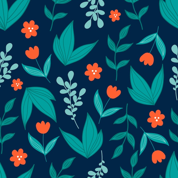 Cute botanical seamless pattern with green leaves and red flowers in doodle style on dark blue background.