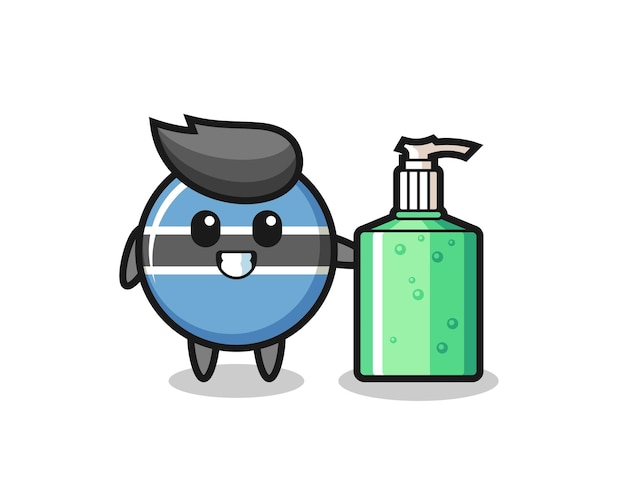 Cute botswana flag badge cartoon with hand sanitizer