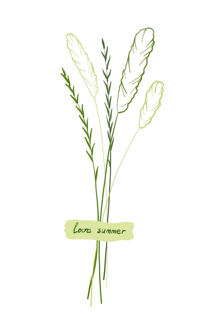 A cute bouquet of blades of grass a summer collection of different herbs with a piece of paper