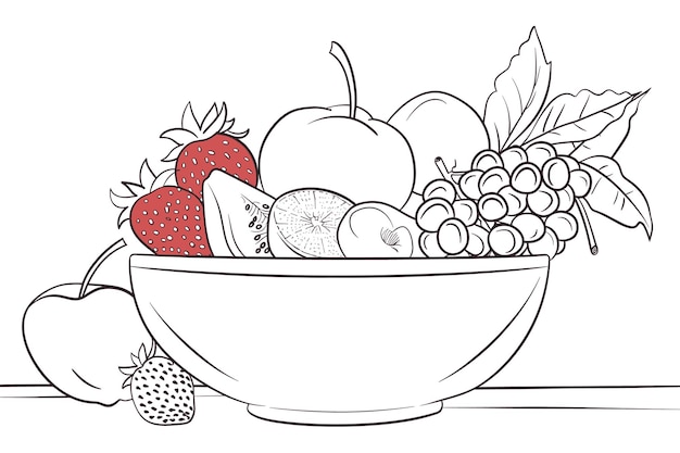 Vector cute bowl decorated with ornaments full of juicy fruit and berries