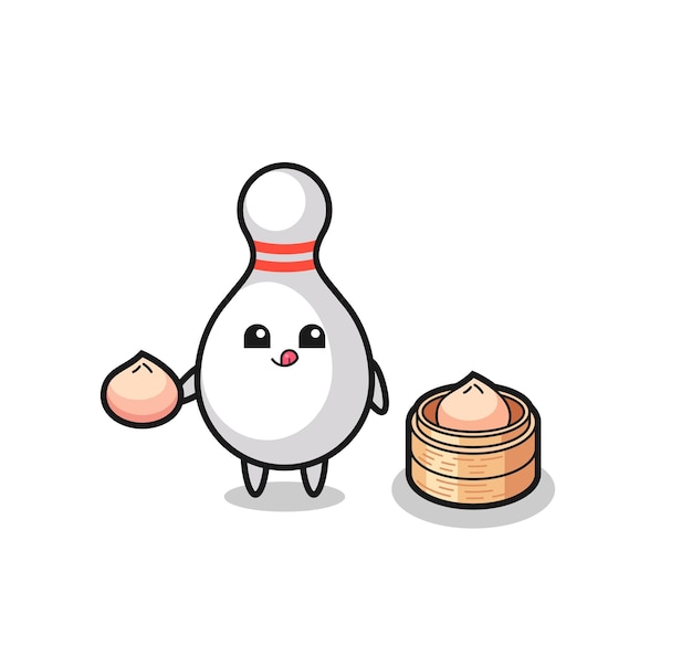 Cute bowling pin character eating steamed buns