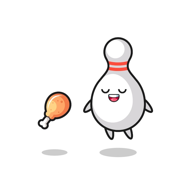 Cute bowling pin floating and tempted because of fried chicken