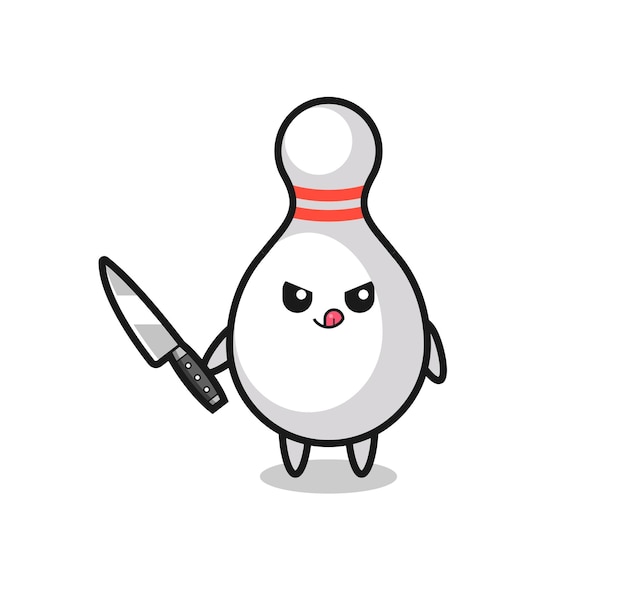 Cute bowling pin mascot as a psychopath holding a knife