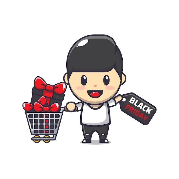 cute boy in black friday sale cartoon mascot illustration