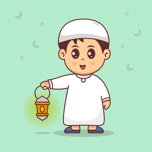 Cute boy bring lantern celebrating ramadan mubarak eid mubarak cartoon vector illustration flat cartoon style