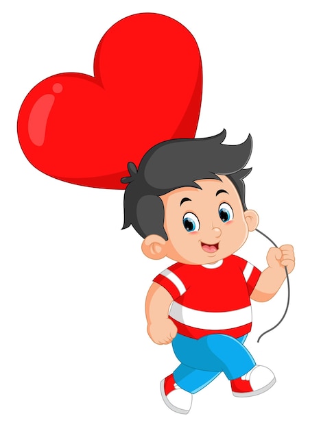 Cute boy carrying a big red balloon in the shape of a heart