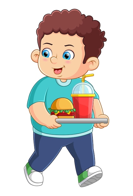 Cute boy carrying and ordering junk food