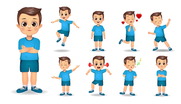 Cute boy character with different gestures set