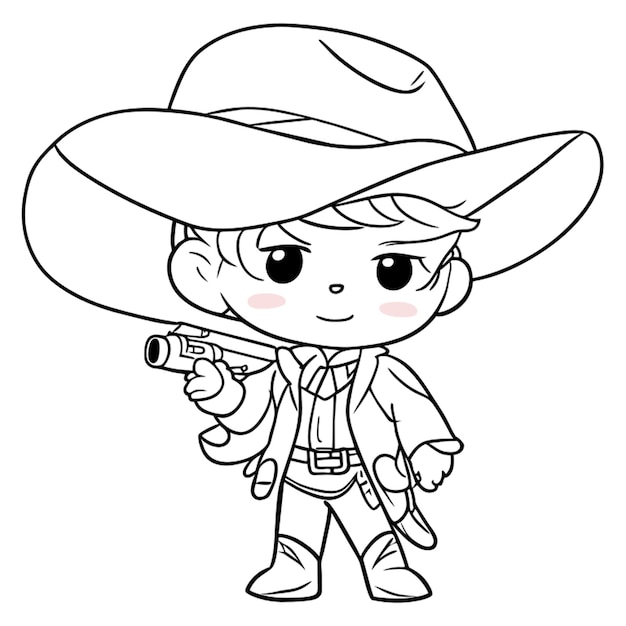 cute boy dressed as a cowboy with revolver vector illustration line art