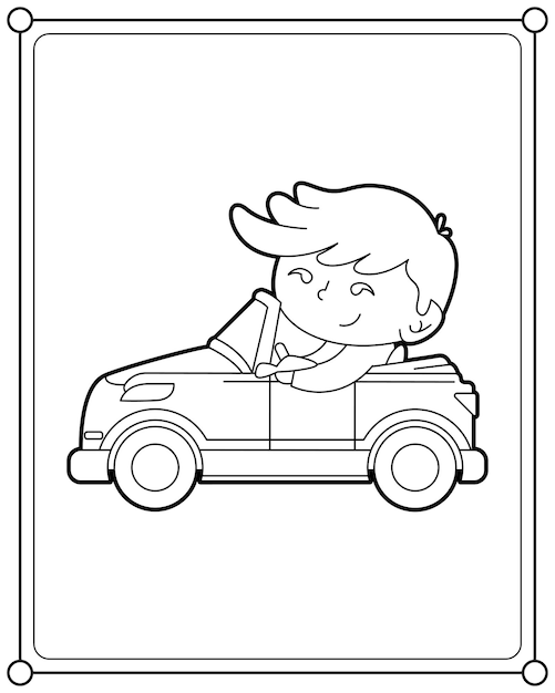 Cute boy driving a car suitable for children's coloring page vector illustration