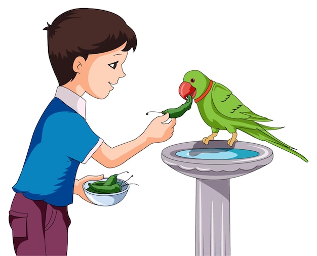 Cute boy feeding green chillies to parrot sitting on a fountain