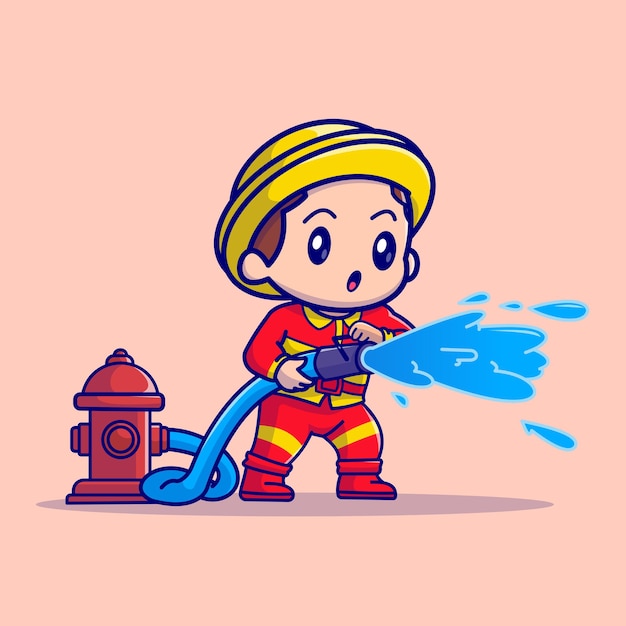 Cute Boy Firefighter with Water Hose Cartoon Vector Icon Illustration People Profession Isolated