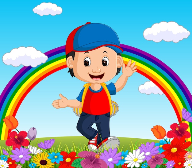 cute boy in a flower garden with rainbow