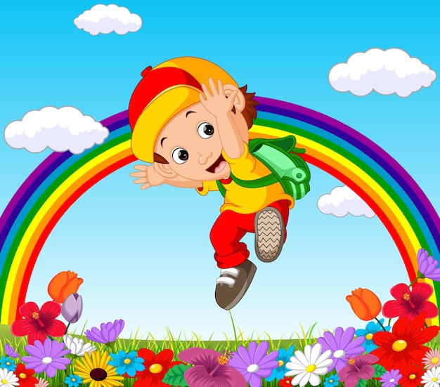 cute boy in a flower garden with rainbow