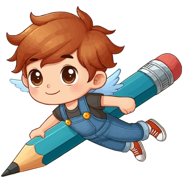 Vector cute boy flying with pencil vector