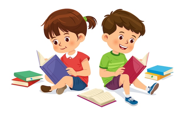 Cute boy and girl are relaxing and enjoying reading books