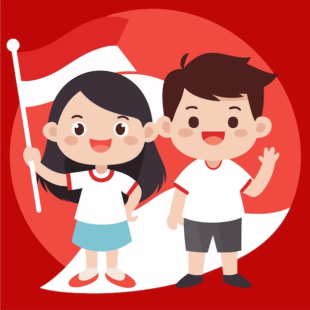 cute boy and girl character cartoon Indonesian Independence day